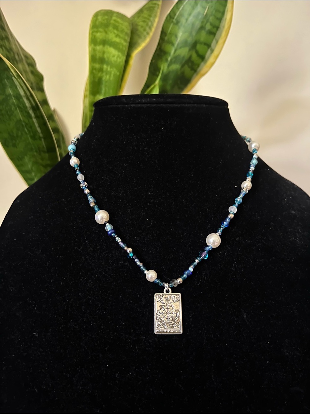 Silver Plated Tarot Card La Rueda De La Fortuna Blue Beaded Necklace
